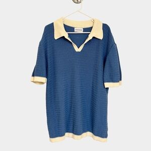 OXKNITSTORE Cotton Knit Blue & Cream Polo Shirt XL Preppy Tennis Retro Style